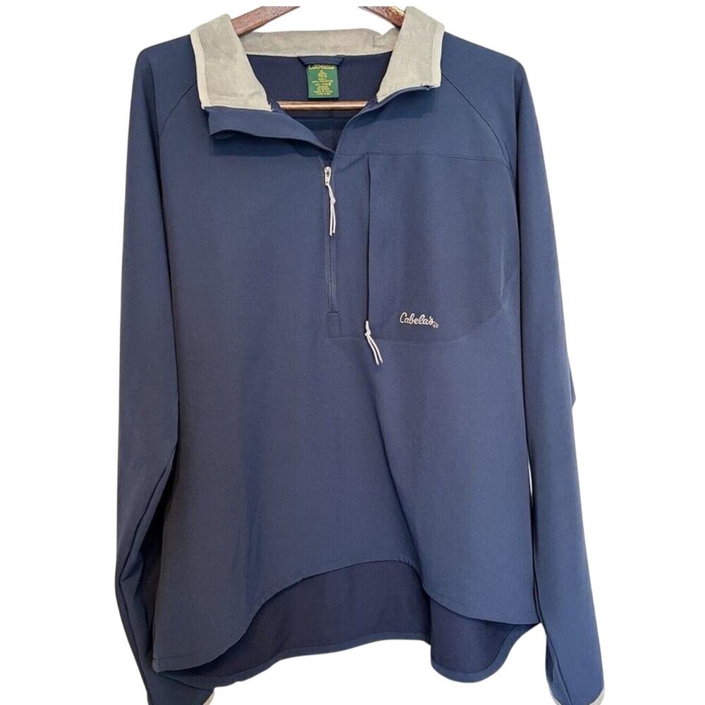 Cabelas Men's Large Blue 1/4 Zip Windbreaker Suede Collar XL Pockets Outdoors